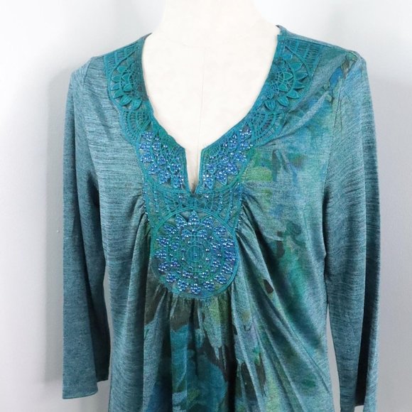 One World Women's L Blue Floral Crochet Rhinestone Knit Long Sleeve Tunic Top - Picture 4 of 9